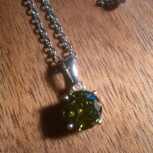 Peridot Color Simulated Diamond Sterling Silver Pendant Stainless Steel Necklace